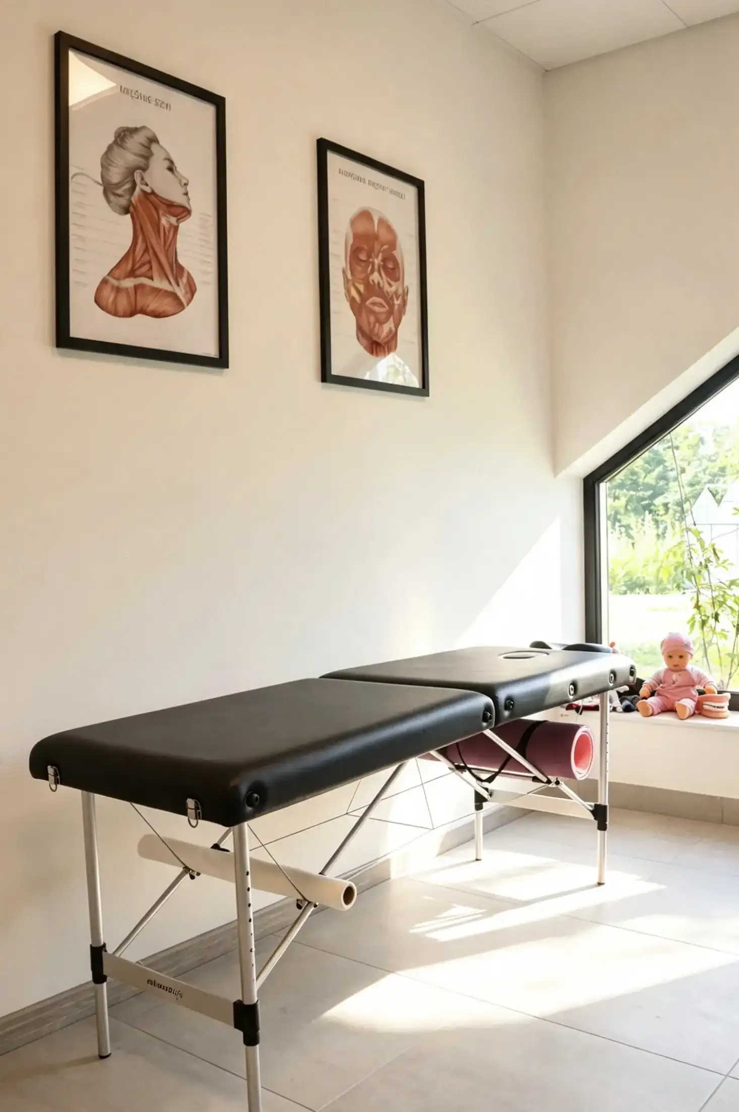 Stół terapeutyczny pod planszami przedstawiającymi mięśnie szyi i twarzy, na parapecie lalka